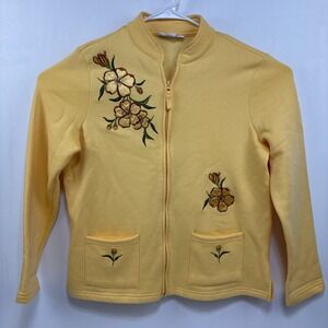 VTG‎ Breckenridge Womens Yellow Embroidered Flower Zip Up Sweatshirt Size L